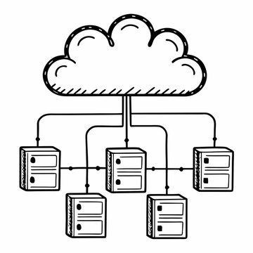 Illustration of cloud computing infrastructure showing servers connected by data lines and network connections