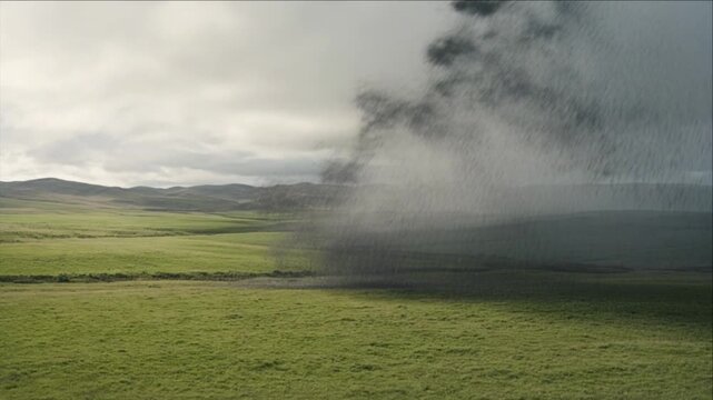 Cinematic rural field timelapse background of rainstorm crossing green grassland meadow beneath dramatic cloud formations, rolling hill landscape, drifting mist, atmospheric weather, sweeping remote