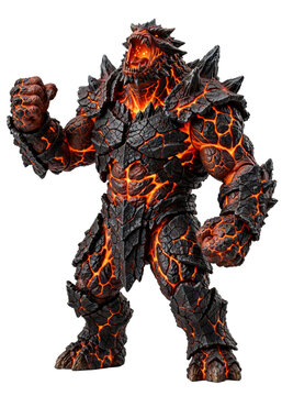 Volcanic behemoth magma rock monster toy figure isolated on a transparent background