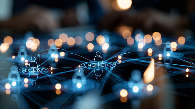 Business people icons connected in a bright digital network representing teamwork and distance working diverse outsource staff teamwork connection human resources network remote work