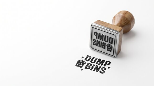 Dump bins rubber stamp on white background, wooden handle office stamper, waste management and recycling symbol concept