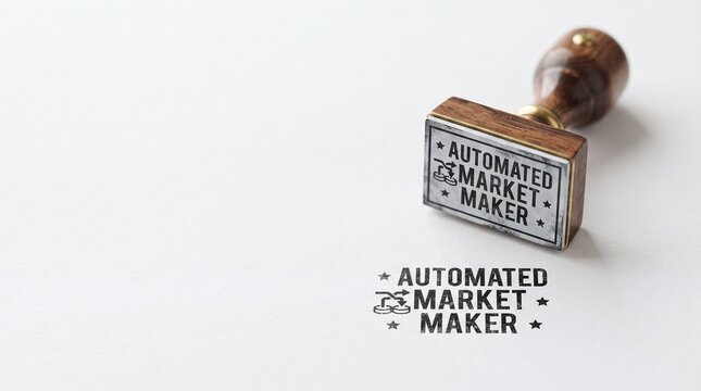 Automated Market Maker wooden rubber stamp on white paper, AMM crypto trading concept, decentralized finance liquidity provider tool