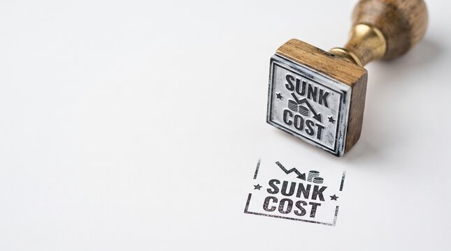 Sunk cost business stamp on white background, vintage wooden rubber stamper with financial loss text, economic failure concept