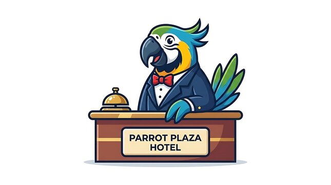Colorful parrot concierge mascot behind hotel reception desk.