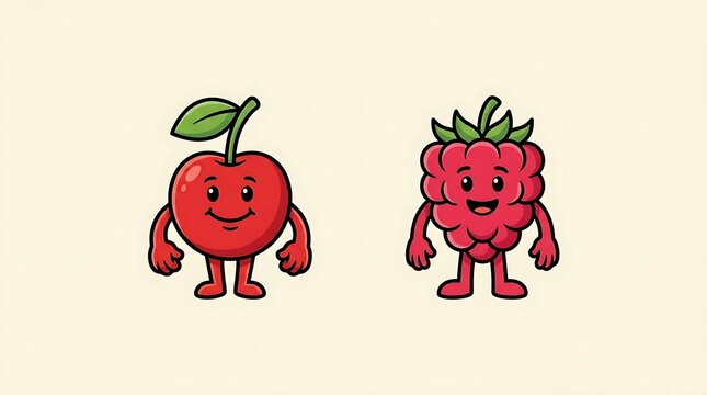 Cute anthropomorphic cherry and raspberry fruit characters.