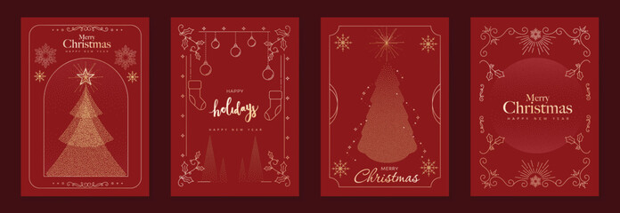 Naklejka premium Merry Christmas and Happy New Year luxury vector card set with elegant gold ornamental frames, Christmas tree, holly leaves and festive typography on dark red background.