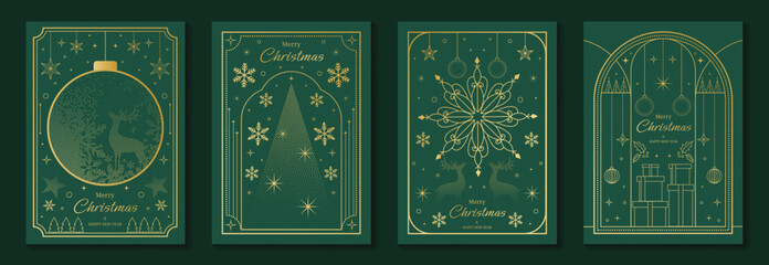 Fototapeta na wymiar Merry Christmas and Happy New Year luxury vector card set with elegant gold line art, Christmas trees, gifts, ornaments and festive frames on dark green background.