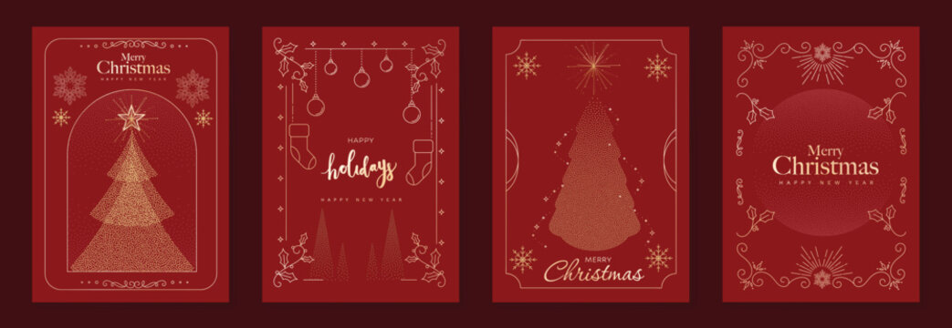 Merry Christmas and Happy New Year luxury vector card set with elegant gold ornamental frames, Christmas tree, holly leaves and festive typography on dark red background.