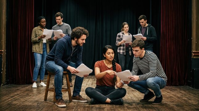 Diverse Group of Young Actors Rehearsing and Reading Scripts on a Theater Stage During a Drama Class Workshop
