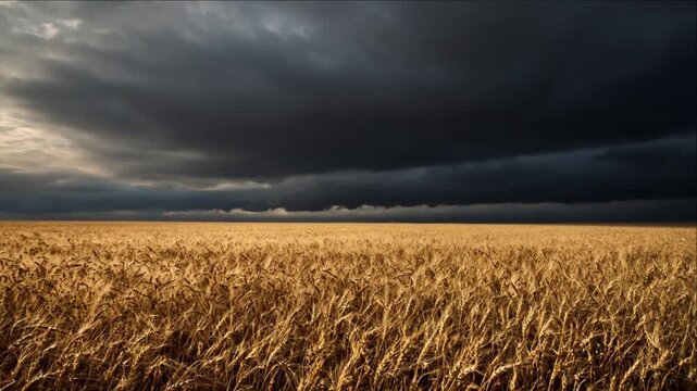 Cinematic Rural Field Timelapse Background with Golden Grain Beneath Dramatic Storm Cloud and Moody Sky Light, Expansive Countryside Atmosphere, Natural Weather Landscape, Film Grain Texture