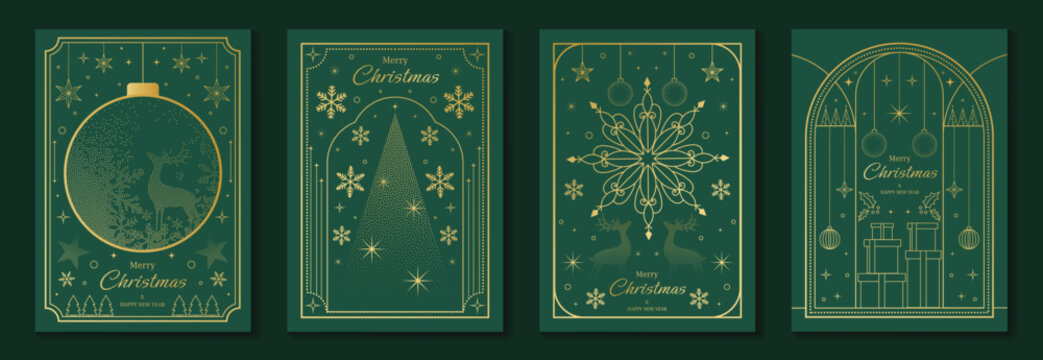Merry Christmas and Happy New Year luxury vector card set with elegant gold line art, Christmas trees, gifts, ornaments and festive frames on dark green background.