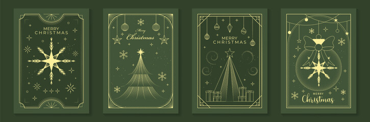 Fototapeta na wymiar Merry Christmas and Happy New Year luxury vector card set with elegant gold line art, snowflakes, Christmas trees, ornaments, gifts and festive frames on dark green background.