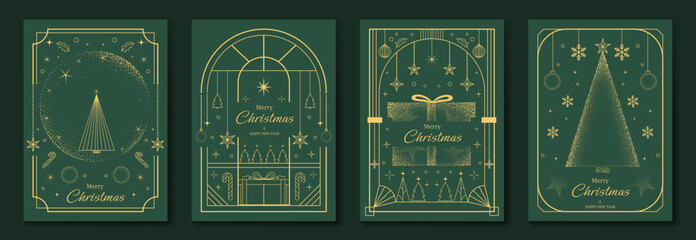 Plakat Merry Christmas and Happy New Year luxury vector card set with elegant gold line art, Christmas trees, gifts, ornaments and festive frames on dark green background.