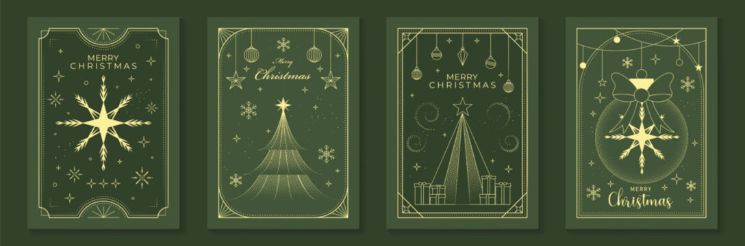 Merry Christmas and Happy New Year luxury vector card set with elegant gold line art, snowflakes, Christmas trees, ornaments, gifts and festive frames on dark green background.