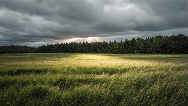 Cinematic Rural Field Timelapse Background with Golden Grass Meadow, Dark Storm Cloud, Changing Sunlight, Forest Horizon, Atmospheric Countryside Landscape for Dramatic Nature Visual Storytelling