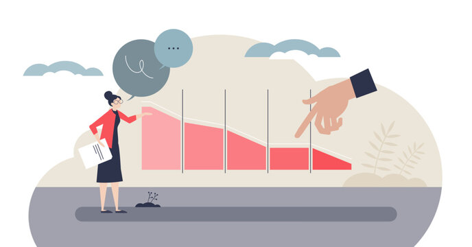 Presentation skills for clarity, a presenter explains a declining chart while a giant hand points to data, key objects, woman, graph, pointing hand, transparent background