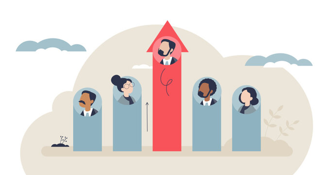 Transformational leadership shown as a rising red arrow lifting a leader above team pillars, symbolizing vision, inspiration, and growth, key objects, arrow, team, columns, transparent background.