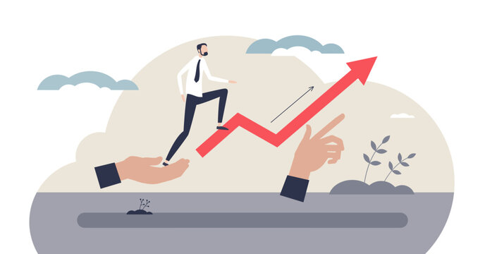 Leadership coaching growth, mentor hands guide a leader stepping up a rising red arrow, symbolizing support, performance and career progress, transparent background. Key objects, leader, arrow, hands.
