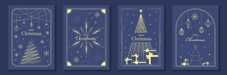 Plakat Merry Christmas and Happy New Year luxury vector card set with elegant gold line art, Christmas trees, gifts, ornaments and snowflakes on classic blue background.