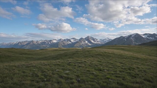 Cinematic Rural Field Timelapse Background Featuring Alpine Mountain Range, Rolling Grassland, Green Meadow, Dramatic Clouds, Blue Sky, Serene Landscape Panorama, Peaceful Wilderness View