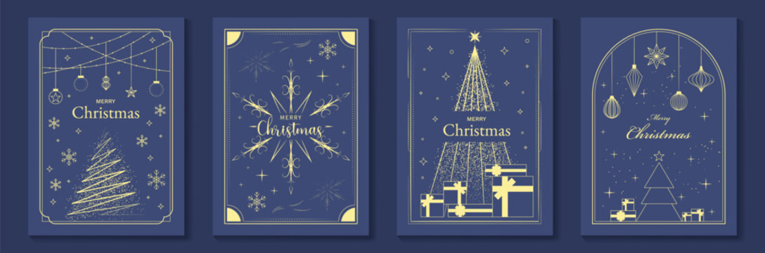 Merry Christmas and Happy New Year luxury vector card set with elegant gold line art, Christmas trees, gifts, ornaments and snowflakes on classic blue background.