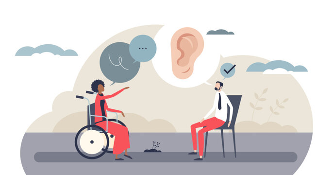 Active listening illustrated, a seated listener reflects a speaker, ear icon and speech bubbles show understanding, key objects, ear icon, speech bubbles, wheelchair, transparent background.