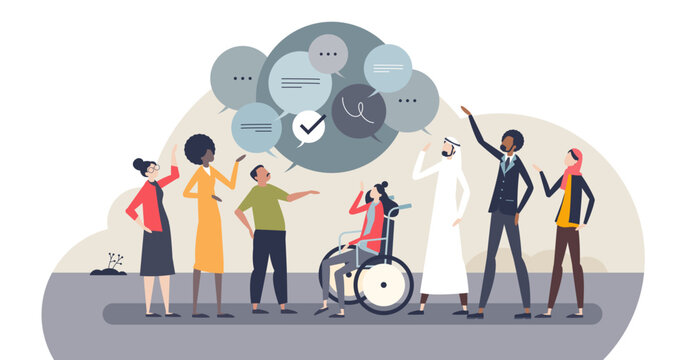 Intercultural communication shown as diverse people exchanging ideas, speech bubbles and a wheelchair stress inclusive dialogue and accessibility, transparent background