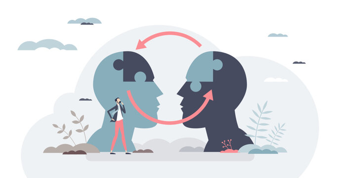 Interpersonal communication exchange shows two puzzle-heads and circular arrows with a small observer, symbolizing empathy, understanding, and feedback, transparent background