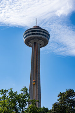 View of Skylon Tower in Niagara Falls. Niagara Falls, Canada - July 30, 2026.