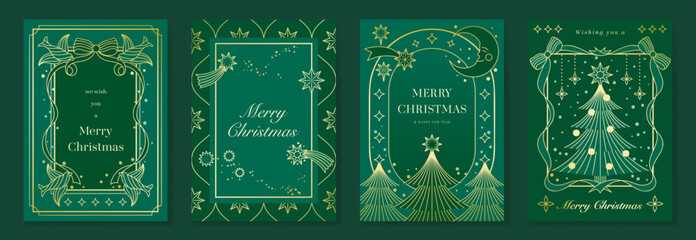 Fototapeta na wymiar Merry Christmas and Happy New Year luxury vector card set with elegant gold line art, Christmas trees, gifts, ornaments and festive frames on dark green background.