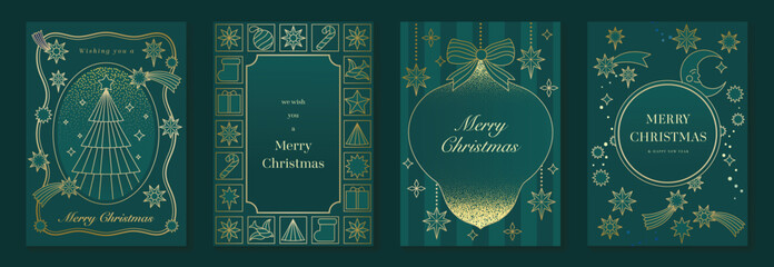 Plakat Merry Christmas and Happy New Year luxury vector card set with elegant gold line art, Christmas trees, gifts, ornaments and festive frames on dark green background.