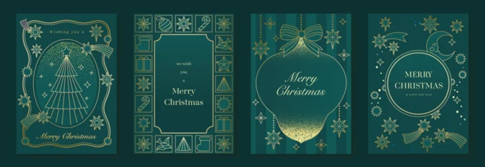 Fotobehang Onderzeeër Merry Christmas and Happy New Year luxury vector card set with elegant gold line art, Christmas trees, gifts, ornaments and festive frames on dark green background.  © TWINS DESIGN STUDIO