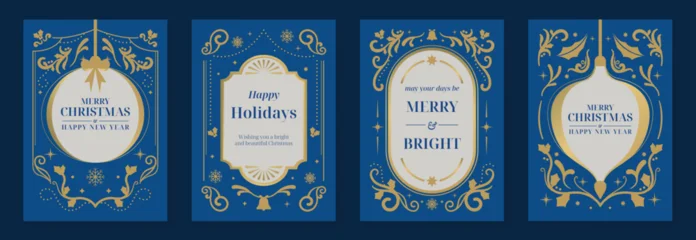 Fotobehang Onderzeeër Merry Christmas and Happy New Year luxury vector card set with elegant gold line art, Christmas trees, gifts, ornaments and snowflakes on classic blue background.  © TWINS DESIGN STUDIO