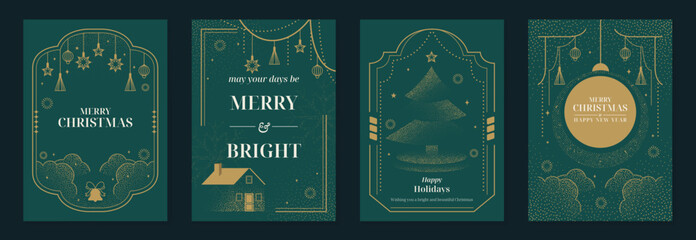 Plakat Merry Christmas and Happy New Year luxury vector card set with elegant gold line art, Christmas trees, gifts, ornaments and festive frames on dark green background.
