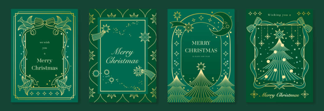 Merry Christmas and Happy New Year luxury vector card set with elegant gold line art, Christmas trees, gifts, ornaments and festive frames on dark green background.