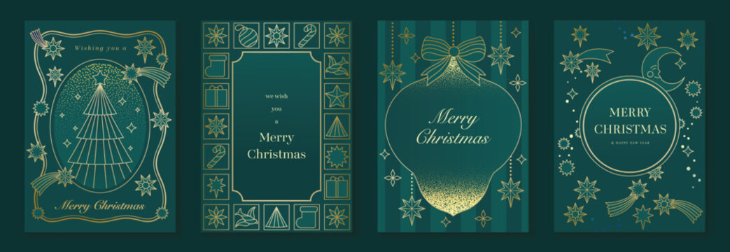 Merry Christmas and Happy New Year luxury vector card set with elegant gold line art, Christmas trees, gifts, ornaments and festive frames on dark green background.