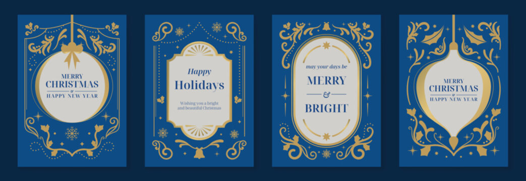 Merry Christmas and Happy New Year luxury vector card set with elegant gold line art, Christmas trees, gifts, ornaments and snowflakes on classic blue background.