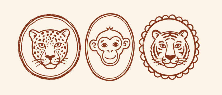 Animal Face Vector Icon Set Leopard Tiger Monkey Boho Line Art
