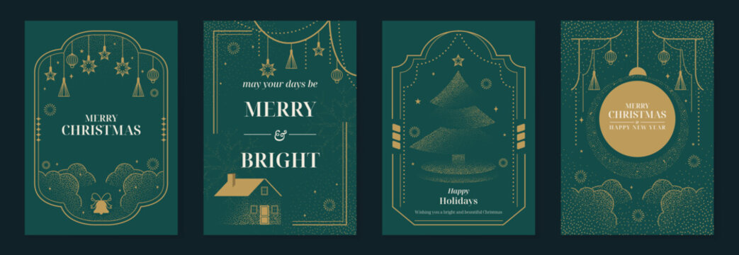 Merry Christmas and Happy New Year luxury vector card set with elegant gold line art, Christmas trees, gifts, ornaments and festive frames on dark green background.