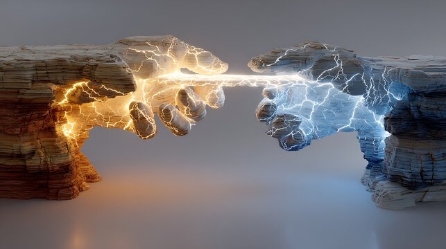 Abstract Stone Hands Connecting with Electric Energy Spark