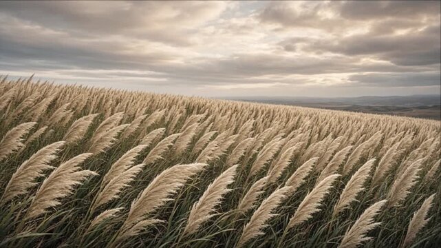 Cinematic Rural Meadow Field Timelapse Background with Golden Grass Plumes and Feather Like Plant Stems Swaying Beneath Dramatic Clouds Across Peaceful Rolling Countryside Landscape
