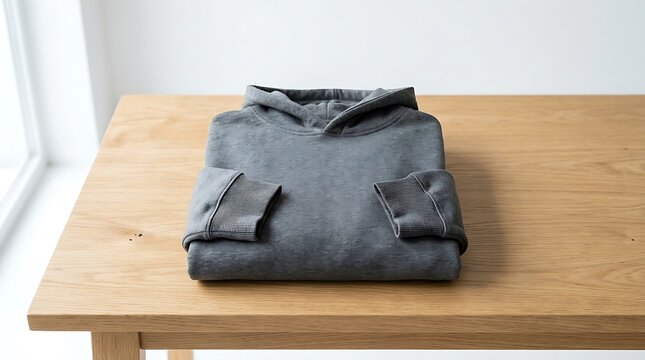 Neatly folded charcoal grey hoodie on wooden table