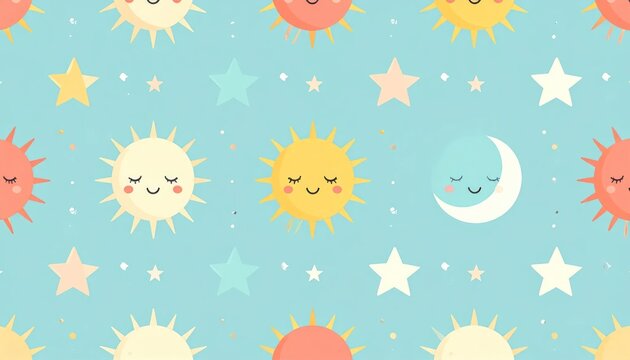 Cute Smiling Sun Moon and Star Pattern on Pastel Blue Background