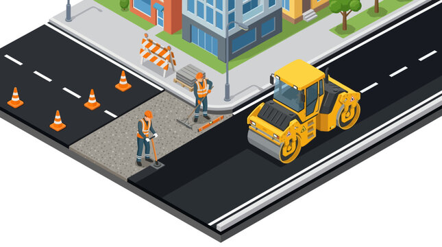 Isometric urban road construction with workers and steamroller