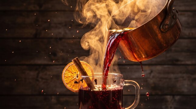 Pouring Hot Mulled Wine with Citrus and Spices