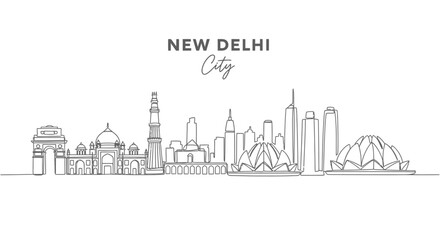 Naklejka premium New Delhi City Skyline: Iconic Landmarks in Minimalist Outline Drawing