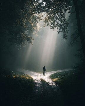 Man at a Crossroads in Foggy Forest with Divine Light Rays
