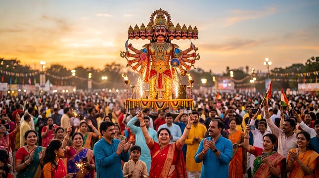 Vibrant cultural festival celebration with a large joyous crowd gathered around a towering illuminated effigy under a beautiful twilight sky, embodying tradition
