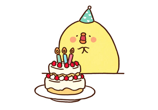 Chick rejoicing in front of a birthday cake, birthday party or happy surprise celebration concept