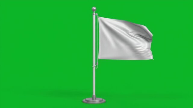 White flag waving on a flagpole against a vibrant green screen background, symbolizing surrender or peace.